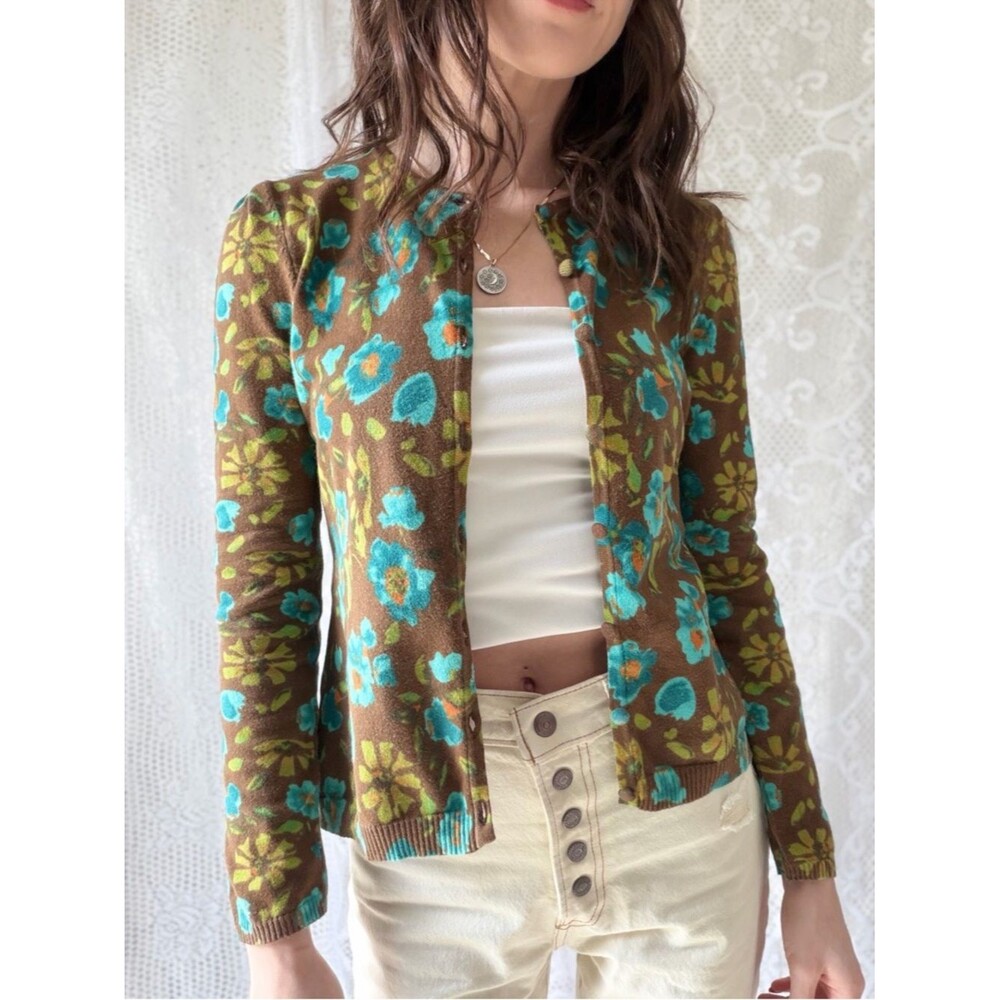 Vintage Style Brown Floral Cardigan Blue Flower Button Front Cottagecore - Picture 12 of 12